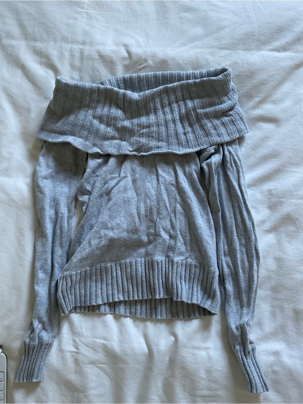 Vintage garage Light Gray Off-Shoulder Ribbed Sweater, wrinkled in photo sorry